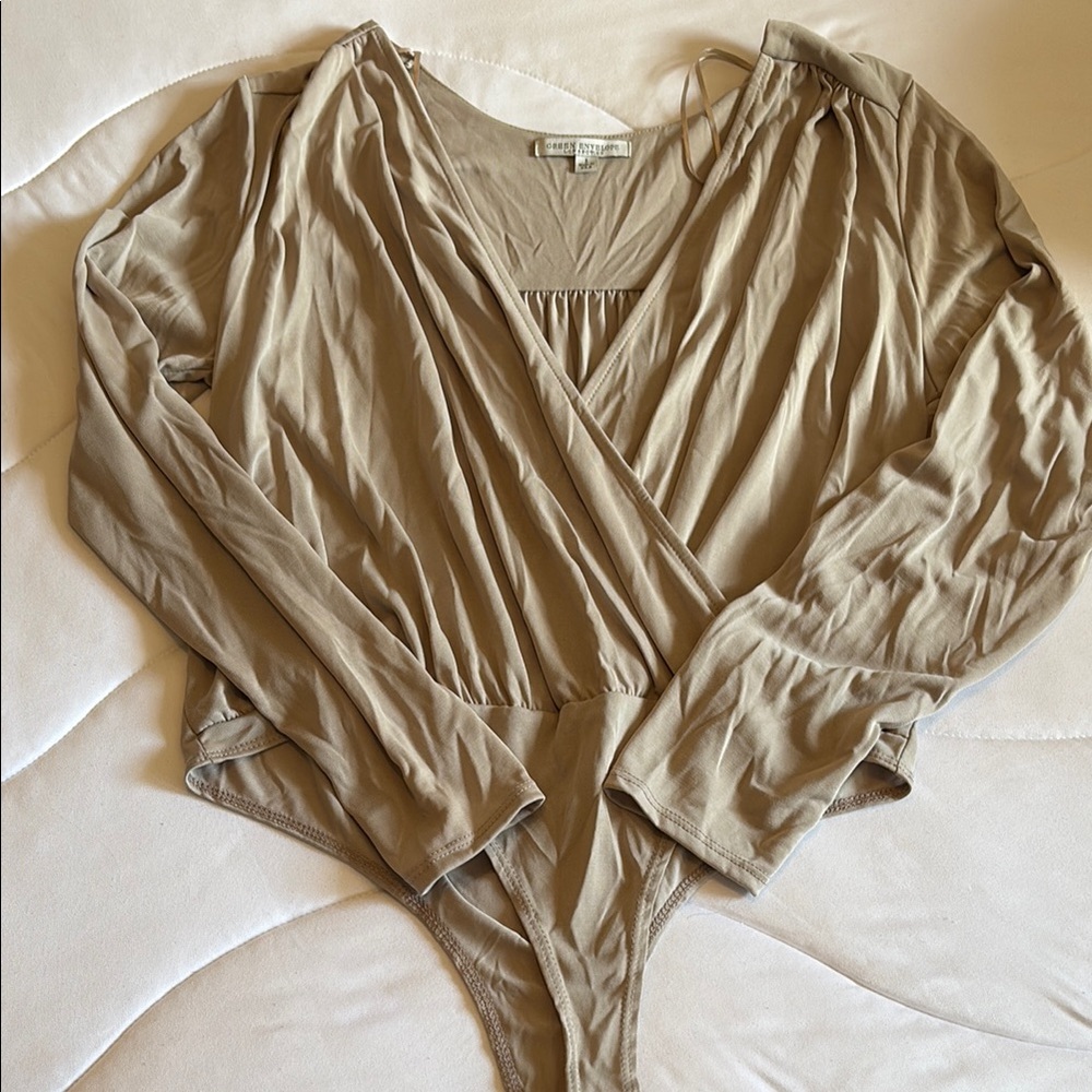 Green Envelope Tan Long Sleeve Wrap Bodysuit